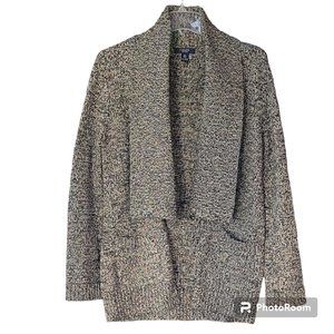 Heathered Open Front Neutral Cardigan Long Sweater Shawl Collar Patch Pockets